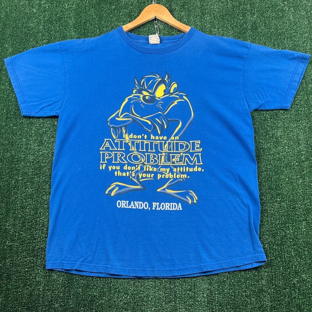 VTG Taz Looney Tunes T-Shirt Mens XL Blue Attitude Problem Orlando Florida 90s